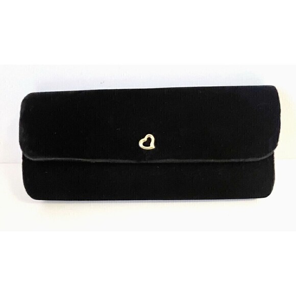 Victorias Secret Black Velvet Clutch Handbag Gold Heart Prom Evening Wedding - Picture 1 of 9